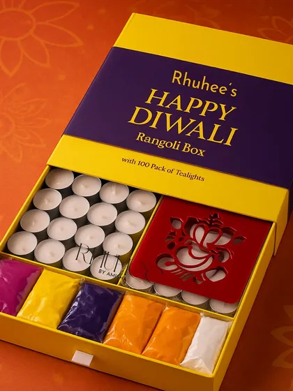 Our minimal and pocket-friendly Rangoli Box is perfect for sharing the festive spirit. It includes rangoli colors, a Ganesha stencil, and a pack of 100 tealights to make your Diwali decorations complete.
