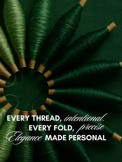 Every thread is intentional, every fold precise. This artistic shot of green thread spools represents the raw materials and the careful thought that goes into every garment we create.