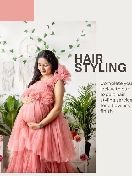 To complete your look, we also provide expert hair styling services. A flawless hairstyle adds the perfect finishing touch to your maternity portraits, making you feel polished and beautiful.