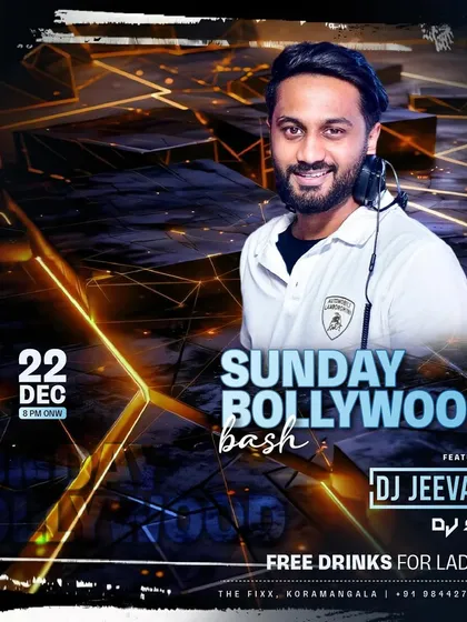 A flyer for a "Sunday Bollywood Bash" at The Fixx, Koramangala. These special events are all about high-energy desi music.
