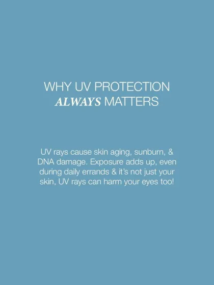This graphic explains why UV protection always matters. UV rays cause skin aging, sunburn, and DNA damage, and the exposure adds up over time, even during daily errands.