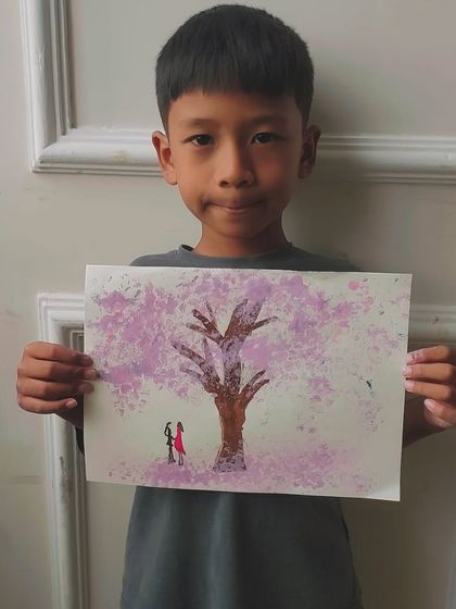 Another beautiful cherry blossom painting, this one featuring vibrant pinks and a strong tree silhouette.