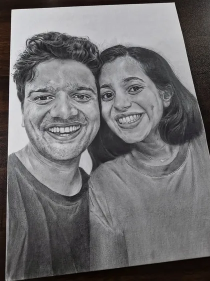A happy couple captured in a custom graphite sketch. I can turn your favorite selfie or photo into a romantic piece of art.