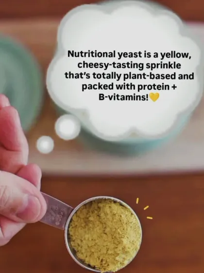 This little thought bubble sums it up perfectly. Nutritional yeast is a yellow, cheesy-tasting sprinkle that's totally plant-based and packed with protein and B-vitamins. A must-have for any healthy pantry.