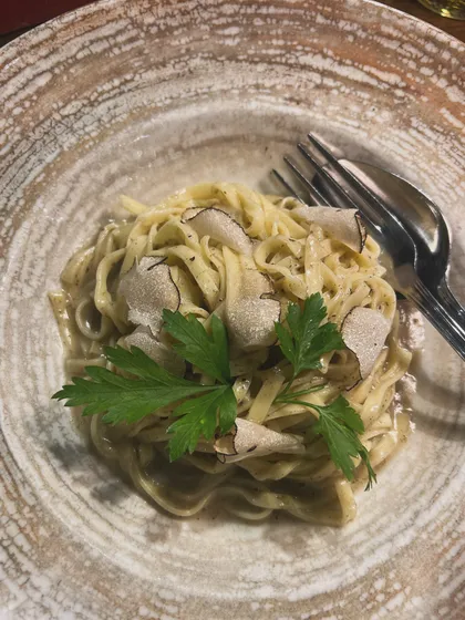 Food is my biggest inspiration. This is a photo of a truffle pasta from a local cafe in Florence, Italy. My travels always inspire new ideas for my own menu.