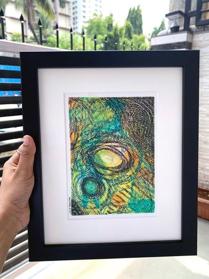 Capturing the beauty of our client's abstract artwork in our sleek black wooden mini frame. It's the perfect complement to showcase this stunning small piece.
