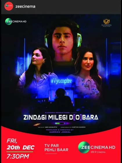 Seeing my work in action is always a proud moment. This is a snapshot of the 'Zindagi Milegi D[o]bara' poster as it was officially promoted by Zee Cinema, complete with the channel's branding and premiere details.