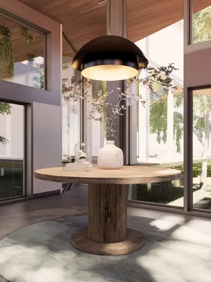 The 'Kasu Vaha' entryway render, highlighting the dramatic pendant light and the seamless indoor-outdoor connection.