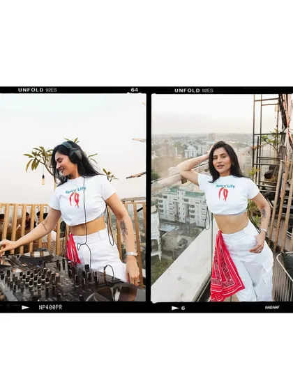 A split-screen shot showing me at the DJ decks and posing against the city view. It's the perfect blend of work and style.