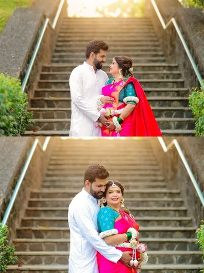 A pair of beautifully lit portraits on a grand staircase, showcasing the couple's traditional attire and the warm, golden hour light.
