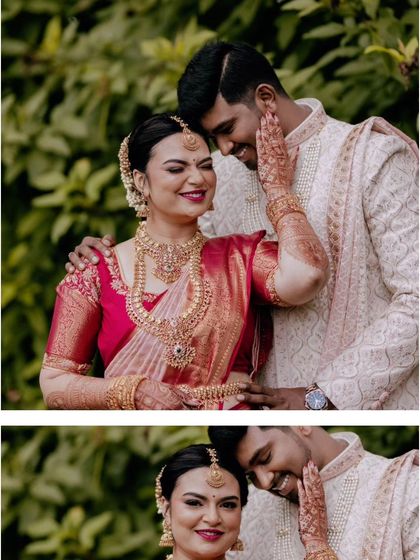 A collage of a couple's romantic portraits from their wedding day, capturing their tender and happy moments.