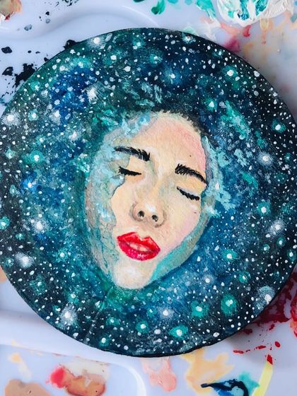 From my archives, a miniature painting on an upcycled canvas. I love this cosmic color palette and the feeling of being lost in a starry, dream-like space.