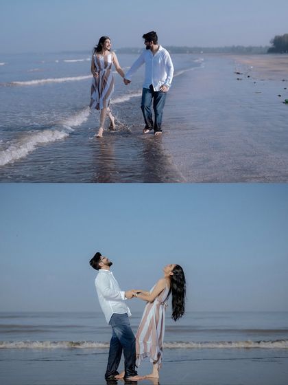 The joy of being together, captured in two beautiful moments: a happy walk by the waves and a carefree dance on the sand.