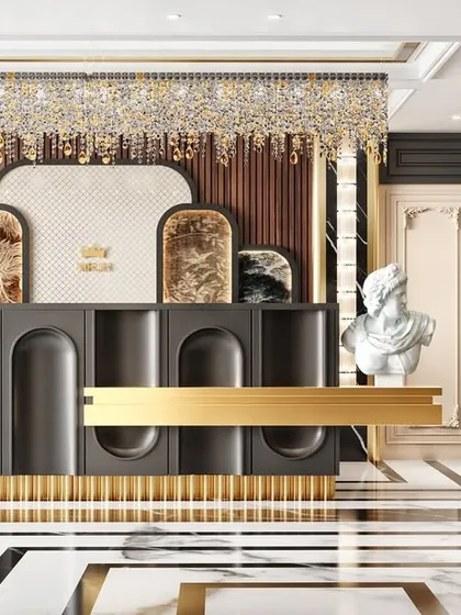 A 3D visualization for a high-end jewellery showroom, designed to capture a luxurious brand identity. The render details the opulent material palette, including polished marble floors, gold accents, and the rich texture of the emerald velvet sofas.