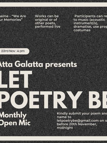 Poster for the 'Let Poetry Be' open mic with the theme 'We Are Our Memories'.