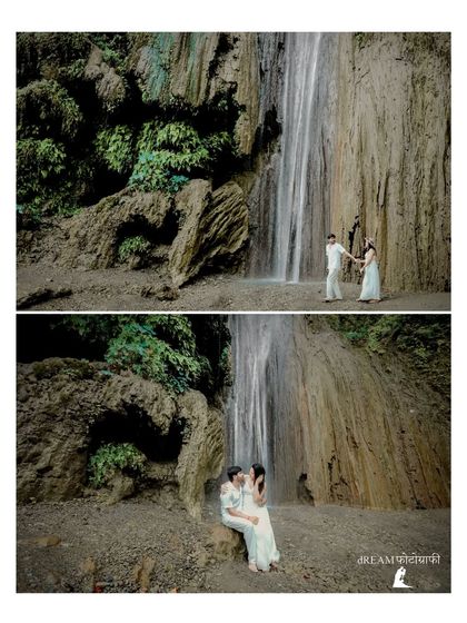 A diptych of the couple at a waterfall, showing both a wide shot of the location and a more intimate, seated portrait.
