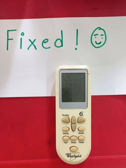 Success. A simple "Fixed!" note celebrates the repair of an AC remote. We celebrate every win, big or small, to build confidence and show kids the tangible results of their efforts.