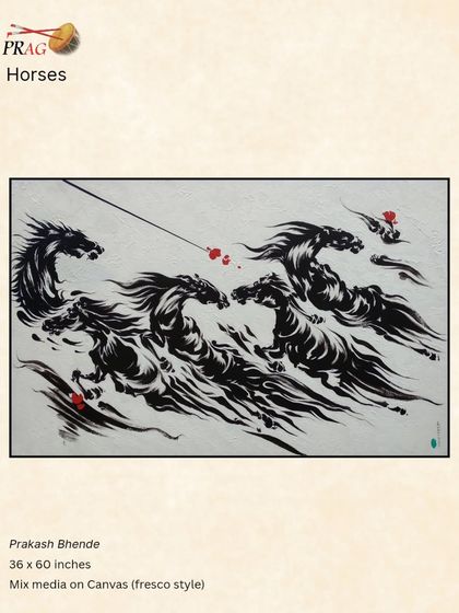 A fresco-style painting of horses by Prakash Bhende, their forms rendered with dynamic, calligraphic strokes that suggest immense speed and power.