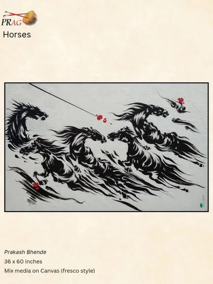 A fresco-style painting of horses by Prakash Bhende, their forms rendered with dynamic, calligraphic strokes that suggest immense speed and power.