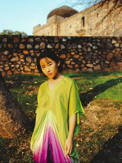 A throwback to a summer fashion shoot in New Delhi. I styled this vibrant ombré kaftan against the backdrop of historic ruins, creating a beautiful contrast between the modern, flowing garment and the ancient stone.