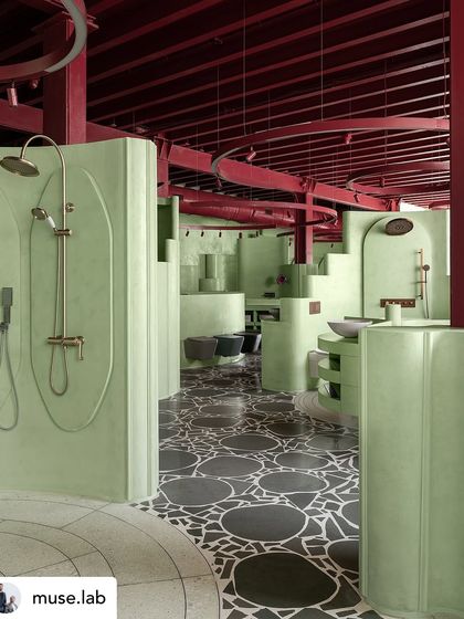 Another view of the 'Sorbet' retail space, showing how our custom black and white terrazzo floor flows through the different zones, connecting the architectural elements.