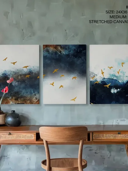 Elevate your study or office with this abstract triptych of golden birds against a watercolor sky. This set of three stretched canvas prints adds a touch of elegance and movement, creating a sophisticated and inspiring focal point above a desk.