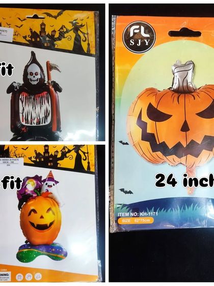 Large Halloween foil balloons that make a big impact. This image shows a 4-foot Grim Reaper, a pumpkin witch, and a 24-inch jack-o'-lantern balloon.