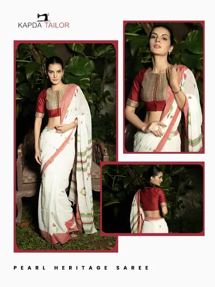 This is where old-world charm meets new-age sass. My Pearl Heritage Saree, with its intricate details and classic white base, is a testament to timeless design that still turns heads.