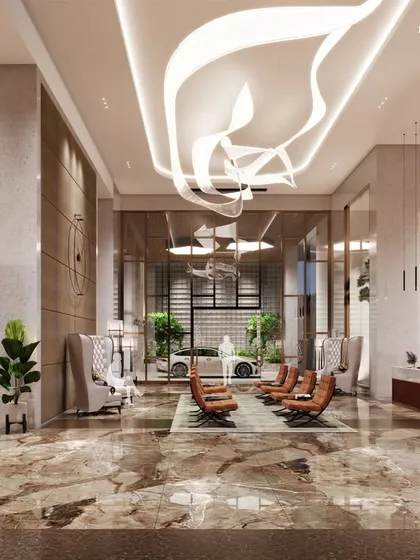 The lobby of our redevelopment project in Malabar Hill, imagined as an 'Urban Forest'. The space features a symphony of cascading greenery juxtaposed with abstract architectural forms, creating a majestic and serene escape from the urban rush.