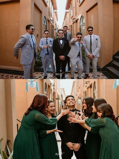 A collage showing the groom having fun with both his groomsmen and the bridesmaids, capturing the playful energy of the wedding party.