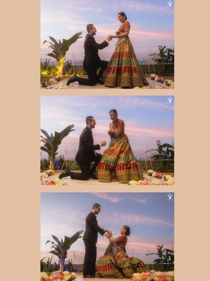 A sequence of a romantic proposal during the wedding ceremony. The groom gets down on one knee to put the ring on his bride's finger, a beautiful blend of traditions.