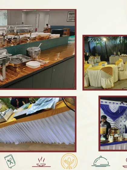 A collage showing a mix of our catering styles, from a modern corporate buffet counter to simple outdoor and indoor table setups.
