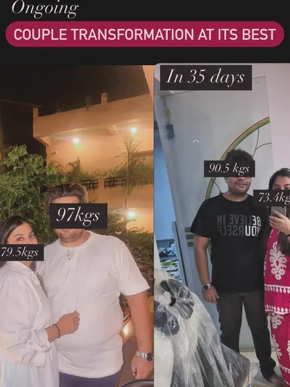 A couple's transformation in just 35 days. Together, they embarked on a health journey, with him going from 97 kgs to 90.5 kgs and her from 79.5 kgs to 73.4 kgs.