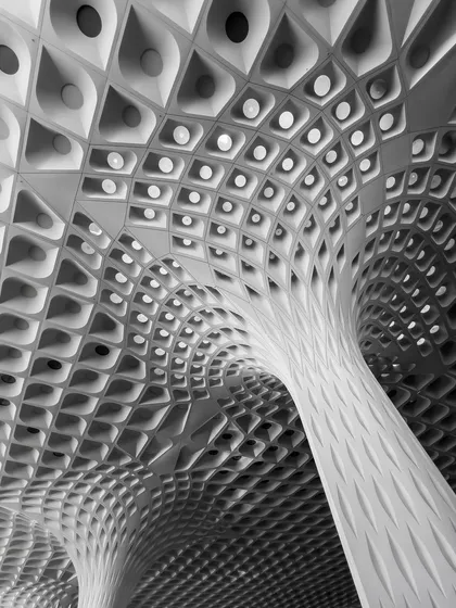 The stunning, futuristic ceiling of the Mumbai airport is transformed into an abstract pattern of light and shadow. The monochrome treatment highlights its complex geometry and flowing lines.
