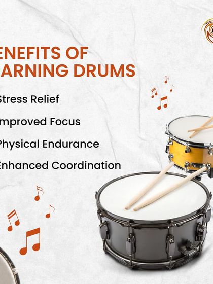 Learning drums offers amazing benefits like stress relief, improved focus, physical endurance, and enhanced coordination.