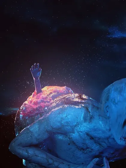 This piece, titled 'Run', depicts a cannibal suffering from a malignant growth on his back. The dual-color lighting and motion-filled pose create a frantic, desperate scene under a starry night sky.