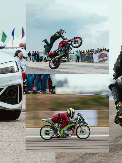 A collage capturing the essence of our stunt shows, with a white Audi, a bike stunt, a custom drag bike, and a rider on a superbike.