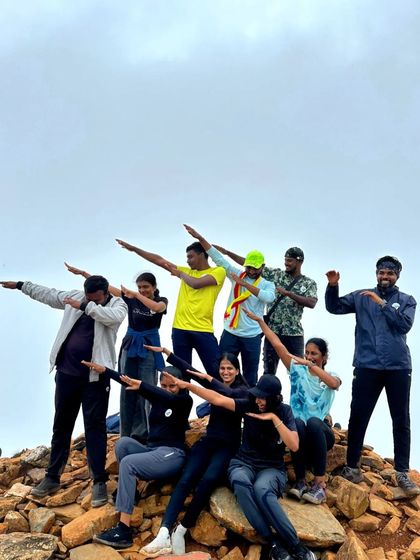 A fun "dab" pose from our energetic group at the Kudremukha summit. We always have a great time!