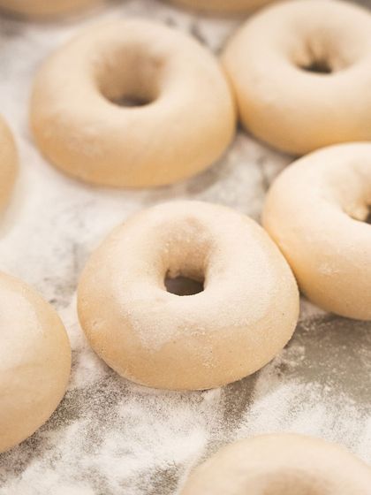 Our bagel dough, proofed and ready to be boiled and baked.
