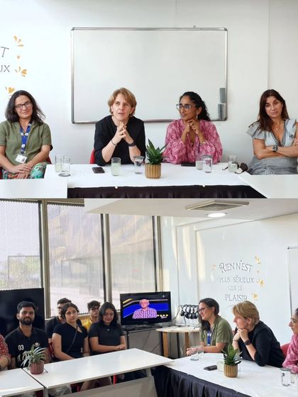 A collage showing Sénatrice Samantha Cazebonne's visit to our campus. She is seen interacting with students and our team, highlighting our strong connections with French educational leaders.