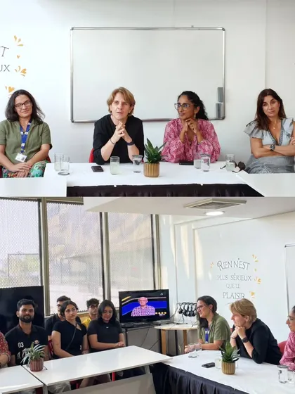 A collage showing Sénatrice Samantha Cazebonne in a panel discussion with our team and interacting with students. These visits provide invaluable opportunities for dialogue.