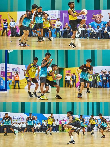 This collage highlights the agility of midcourt player Jaideep Shirke. We capture the fast-paced nature of the game by freezing moments of quick passes, jumps, and strategic positioning.