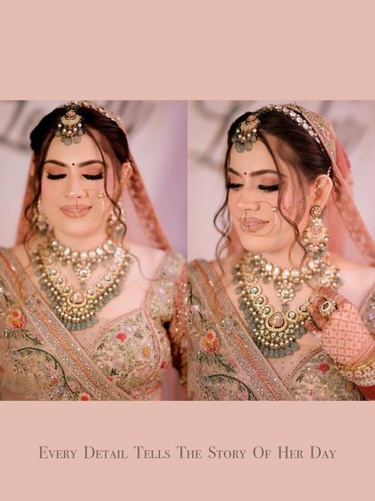 A diptych focusing on the intricate details of the bride's look, from her makeup to her jewelry, telling the story of her special day.