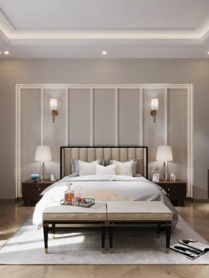 A beautifully balanced bedroom with a symmetrical design, featuring a tufted headboard, classic wall paneling, and elegant bedside lamps.