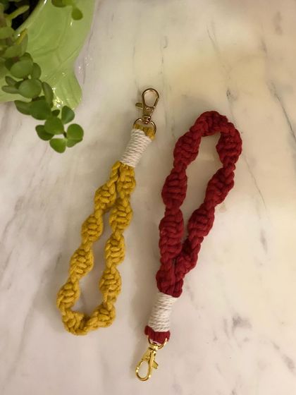 The "DNA wala" knot isn't just for bags. I also use it to create these beautiful wristlet keychains, shown here in mustard yellow and deep red.