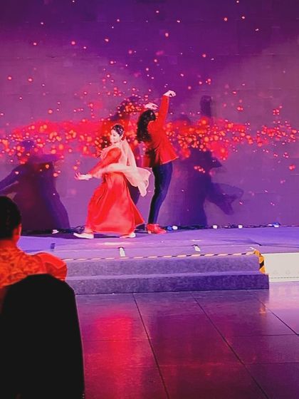 A beautiful shot of a duet performance from the audience's perspective.