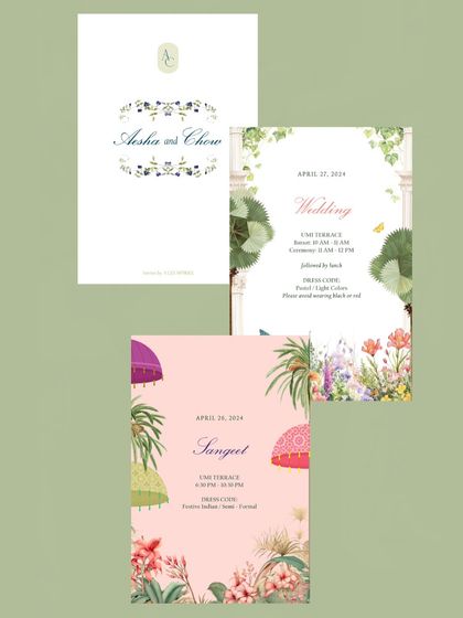 Three cards from the Mexico wedding suite, showcasing the custom couple's logo, the wedding ceremony details with lush greenery, and the Sangeet card with its playful pink palette.