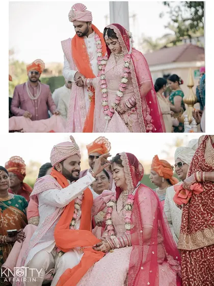 Candid moments from the wedding ceremony, showing the couple sharing a laugh and participating in the rituals. These photos highlight the genuine emotions and interactions that make each wedding unique.