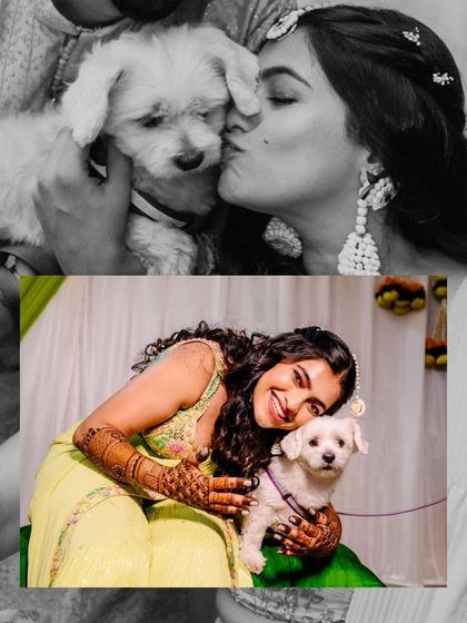 A heartwarming black and white and color collage of the bride sharing a kiss and a cuddle with her adorable pet dog during her Mehendi.