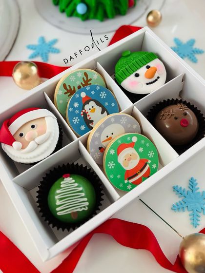 The complete Xmas Goodie Box, beautifully arranged and ready for gifting. It’s a perfect assortment of our most popular holiday treats, including cupcakes, hot chocolate bombs, and cookies.